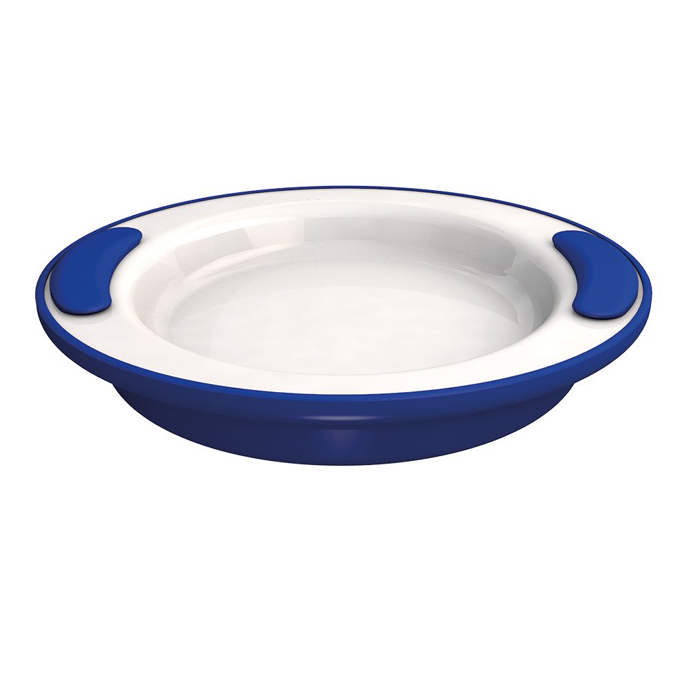 Weißer Teller mit blauem Rand und zwei blauen Griffen. Perspektivische Ansicht.