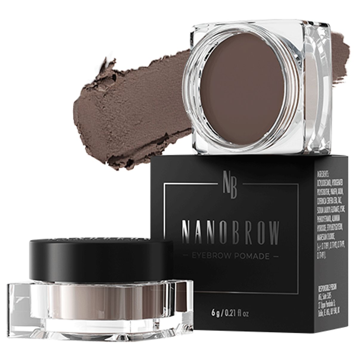 Nanobrow Augenbrauen Pomade in dunklem Braun, mit einem Swirl-Applikator daneben, in einem transparenten Glasbehälter mit schwarzem Deckel, neben der Verpackung.