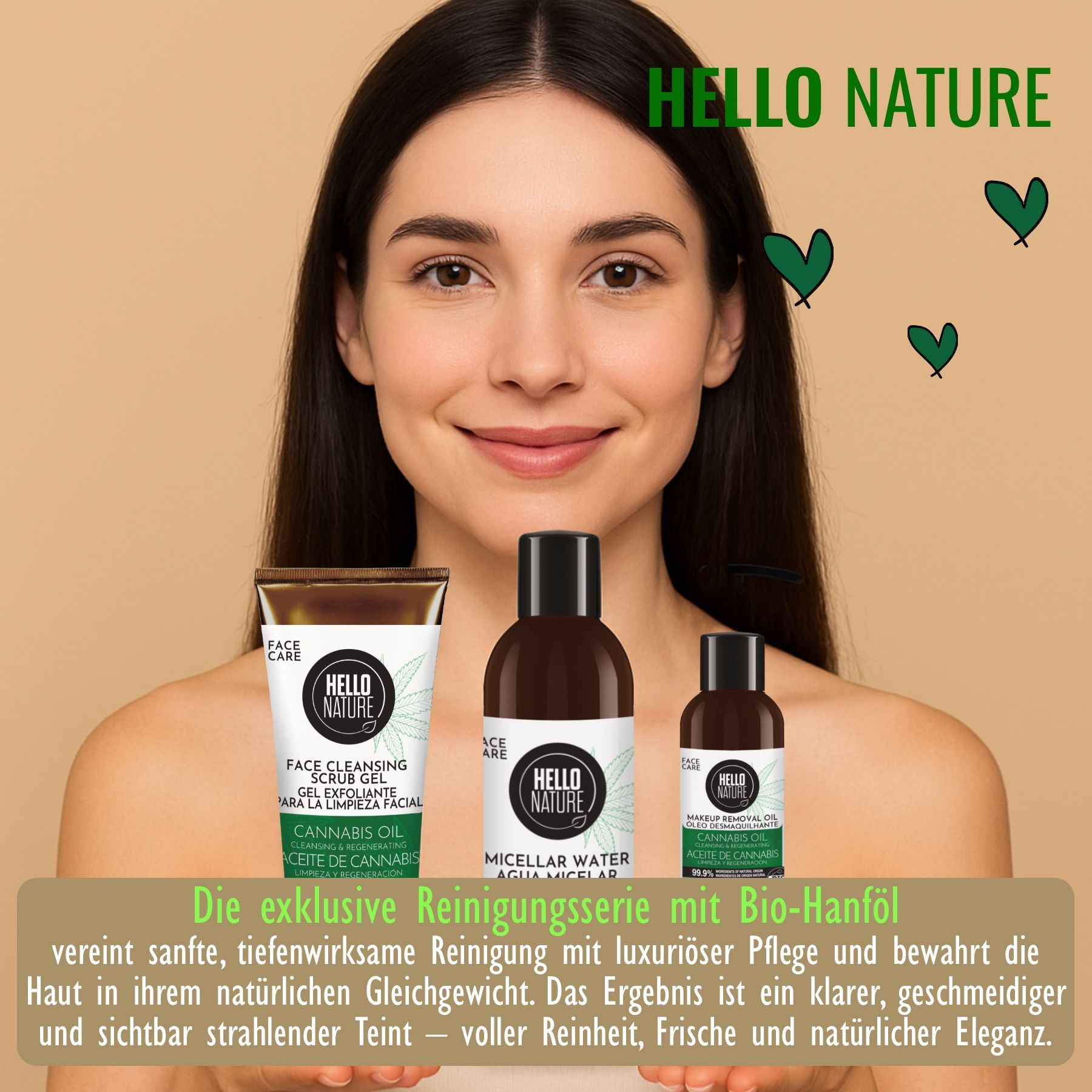 Frau mit Gesichtsreinigungsprodukten. Hello Nature. Mizellenwasser, Peeling, Make-up Entferner. Cannabis Oil. Bio-Siegel.