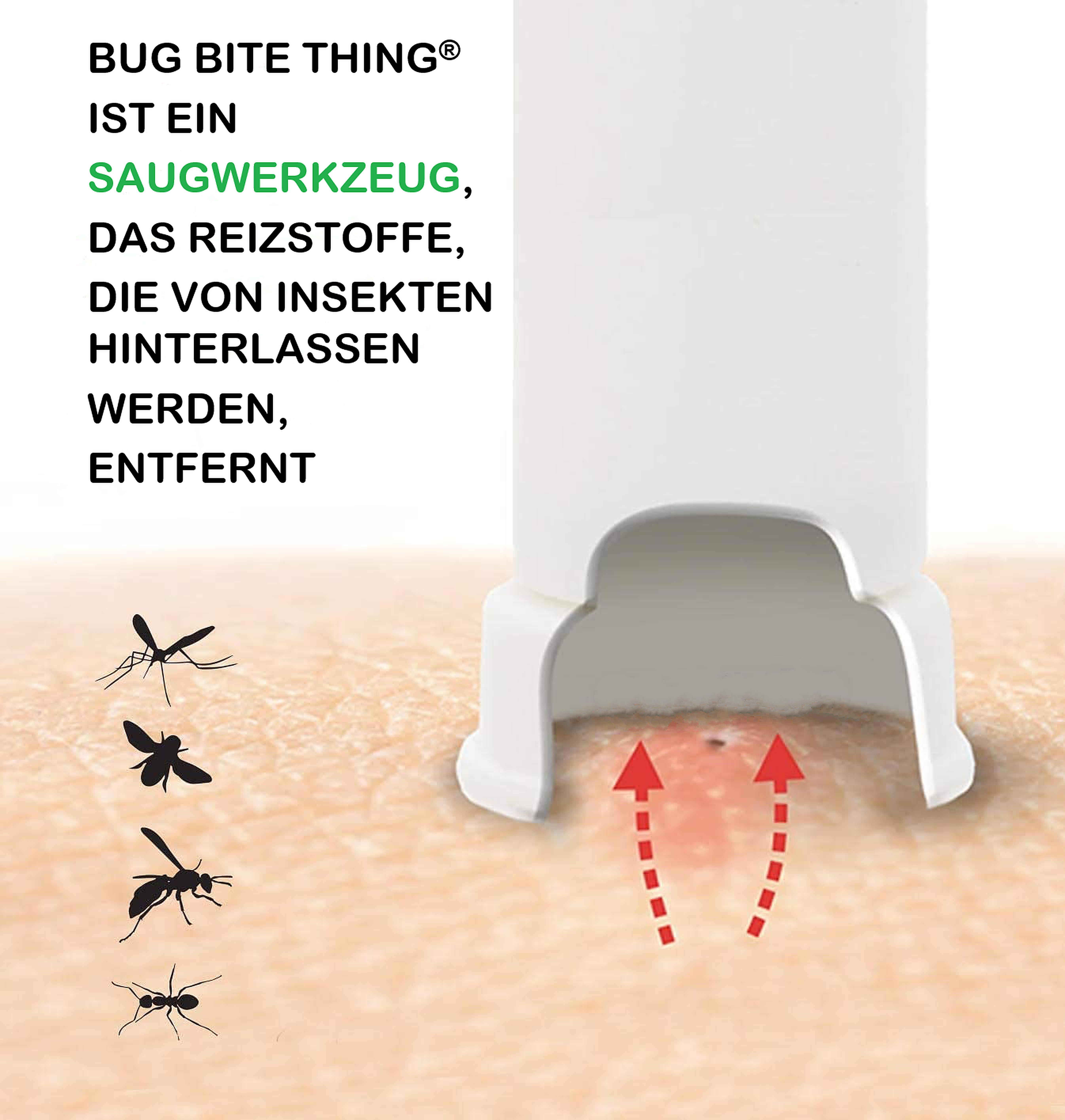 Weißes Gerät auf Haut. Text: Bug Bite Thing® ist ein Saugwerkzeug, das Reizstoffe entfernt. Abbildungen von Insekten.