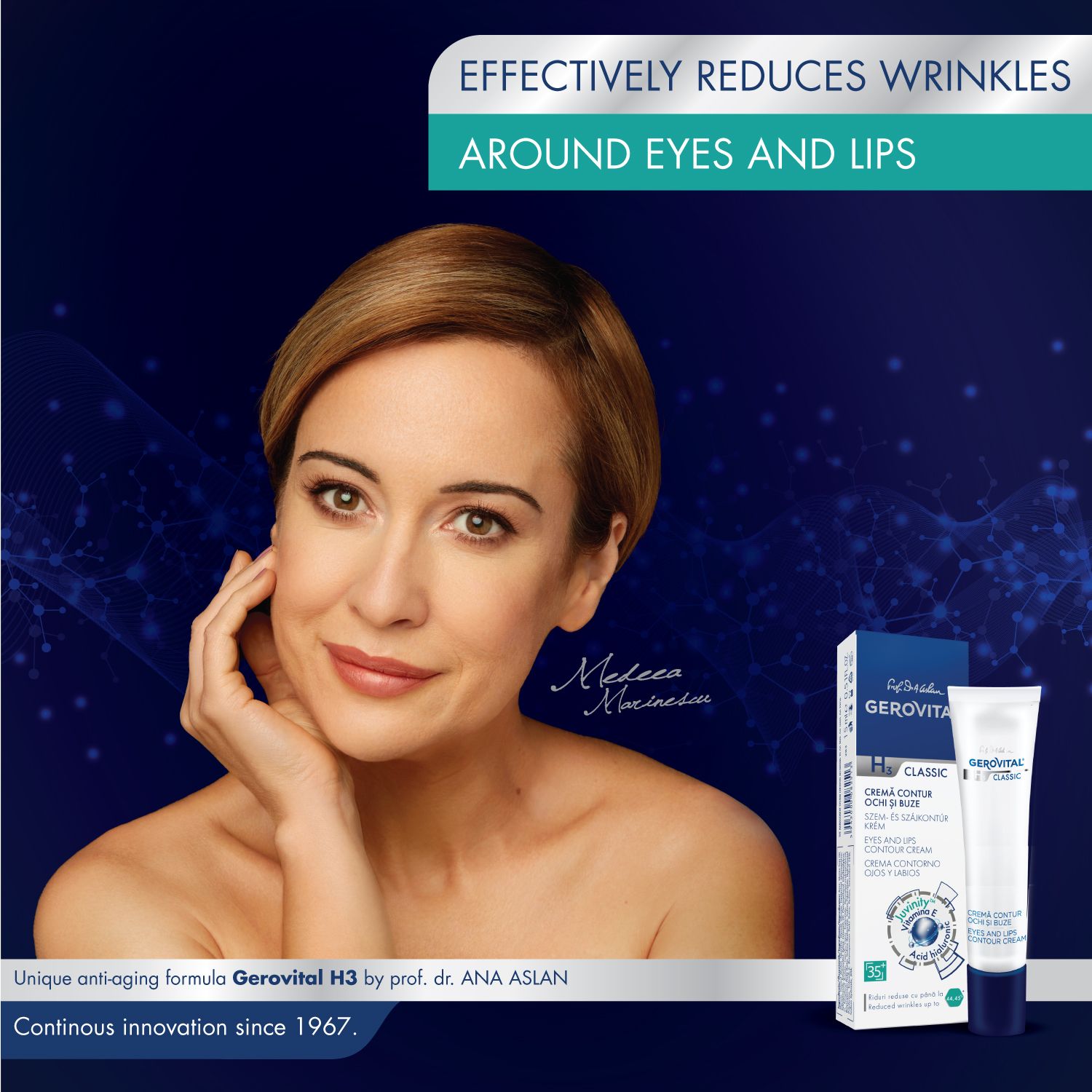 Frau mit Gerovital Augen- & Lippenkontur Creme und Verpackung. Blaue Verpackung. Text: Faltenreduktion.