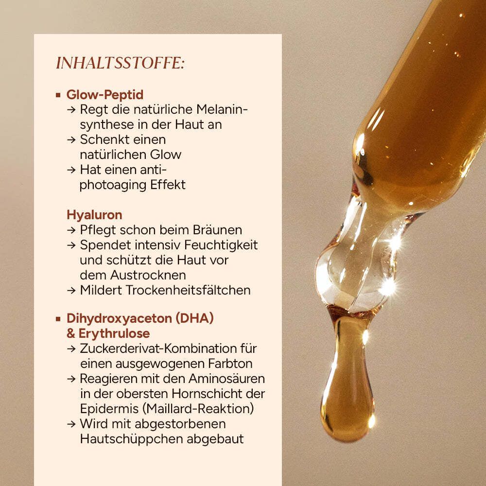 Pipette mit Flüssigkeit. Text: Inhaltsstoffe: Glow-Peptid, Hyaluron, Dihydroxyaceton & Erythrulose.
