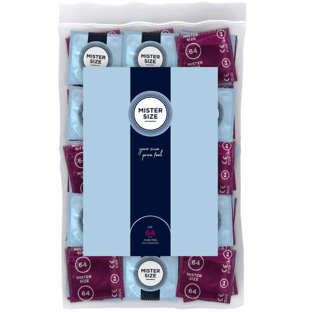 Verpackung mit Kondomen. Einzelne Kondome in hellblauen und weinroten Folien. Aufdruck: Mister Size, 64.