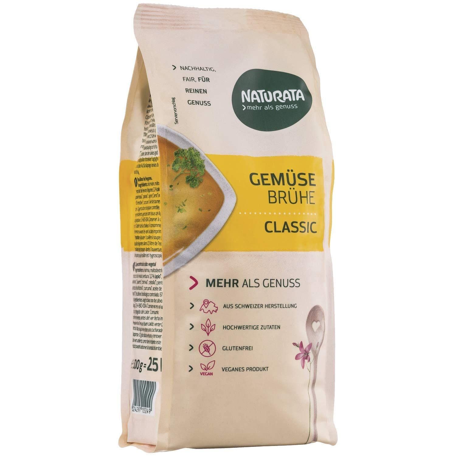 Naturata Gemüsebrühe Classic Nachfüllbeutel, 250g. Beutel mit Suppenbild und Produktinformationen.