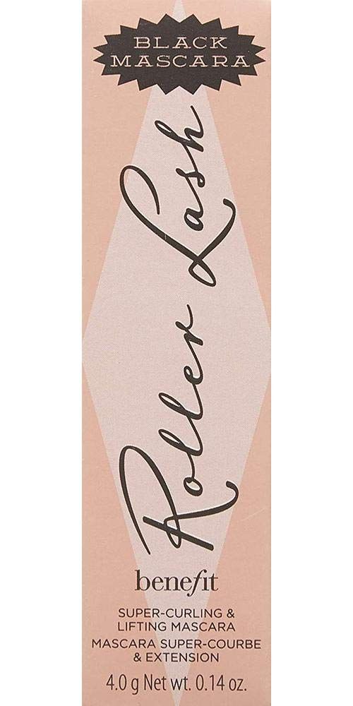 Schachtel mit schwarzer Mascara. Auf der Schachtel steht Roller Lash und Benefit. 4,0 g Netto.