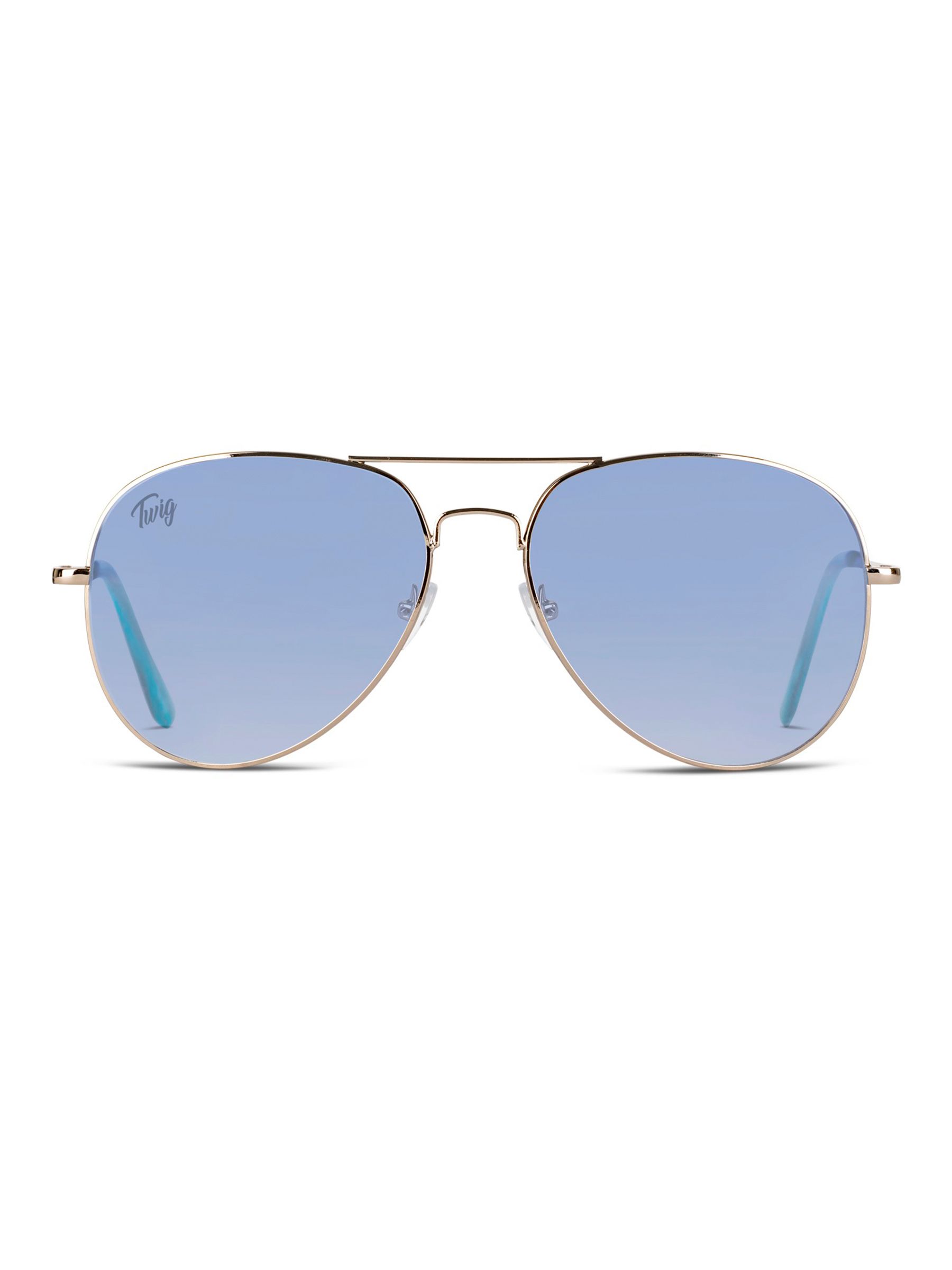 Occhiali da sole blu con montatura dorata. Terminali aste blu. Logo 'Twig' sulla lente.