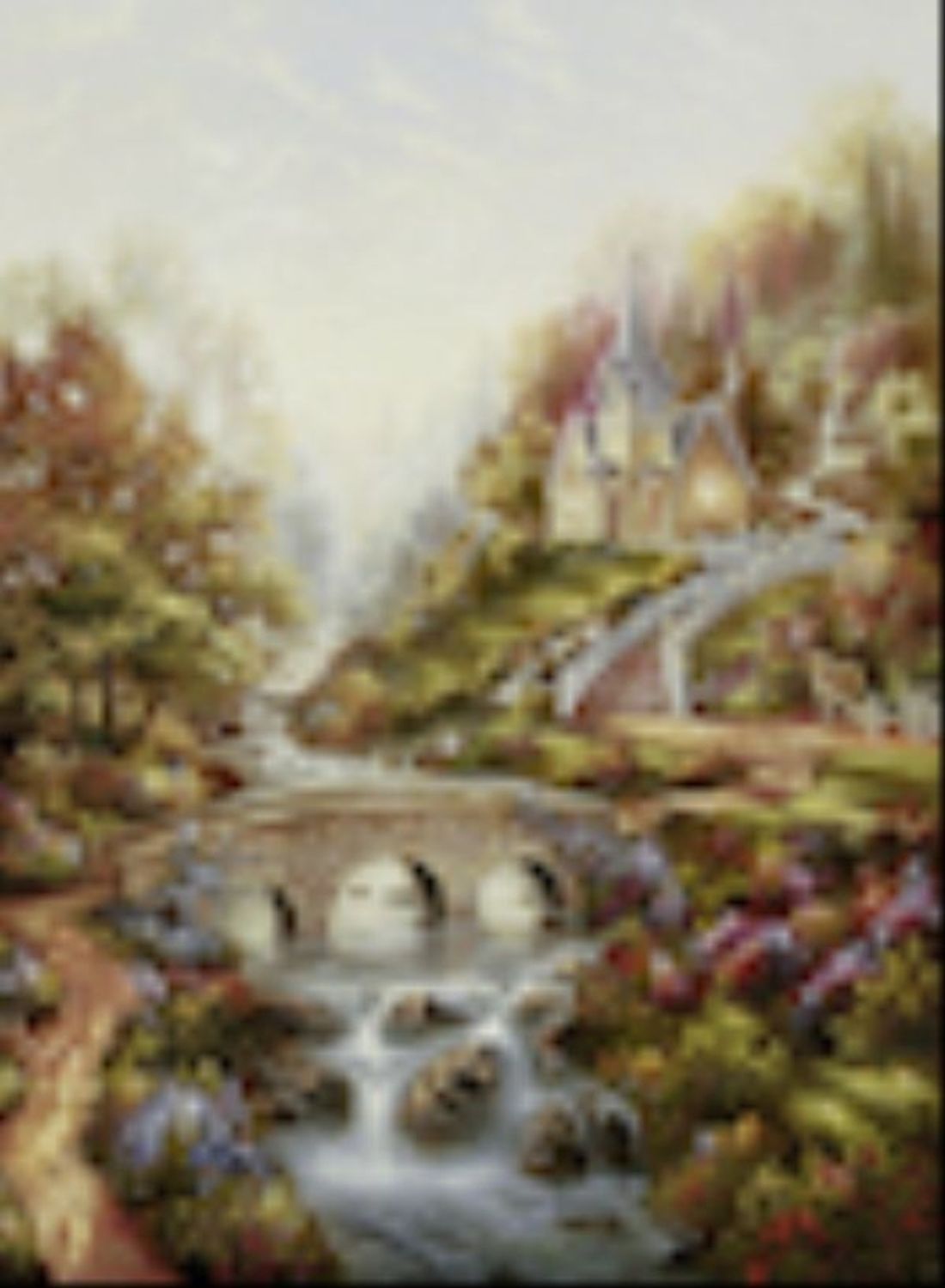 Landschaftspuzzle mit Brücke, Fluss und Kirche. Unschärfe, aber Motiv erkennbar.