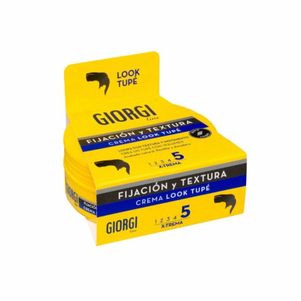 Gelbe Giorgi Line Fixation And Texture Cream Look Toupee n5 Verpackung. Text: "Fijación y Textura", "5 X-TREMA".
