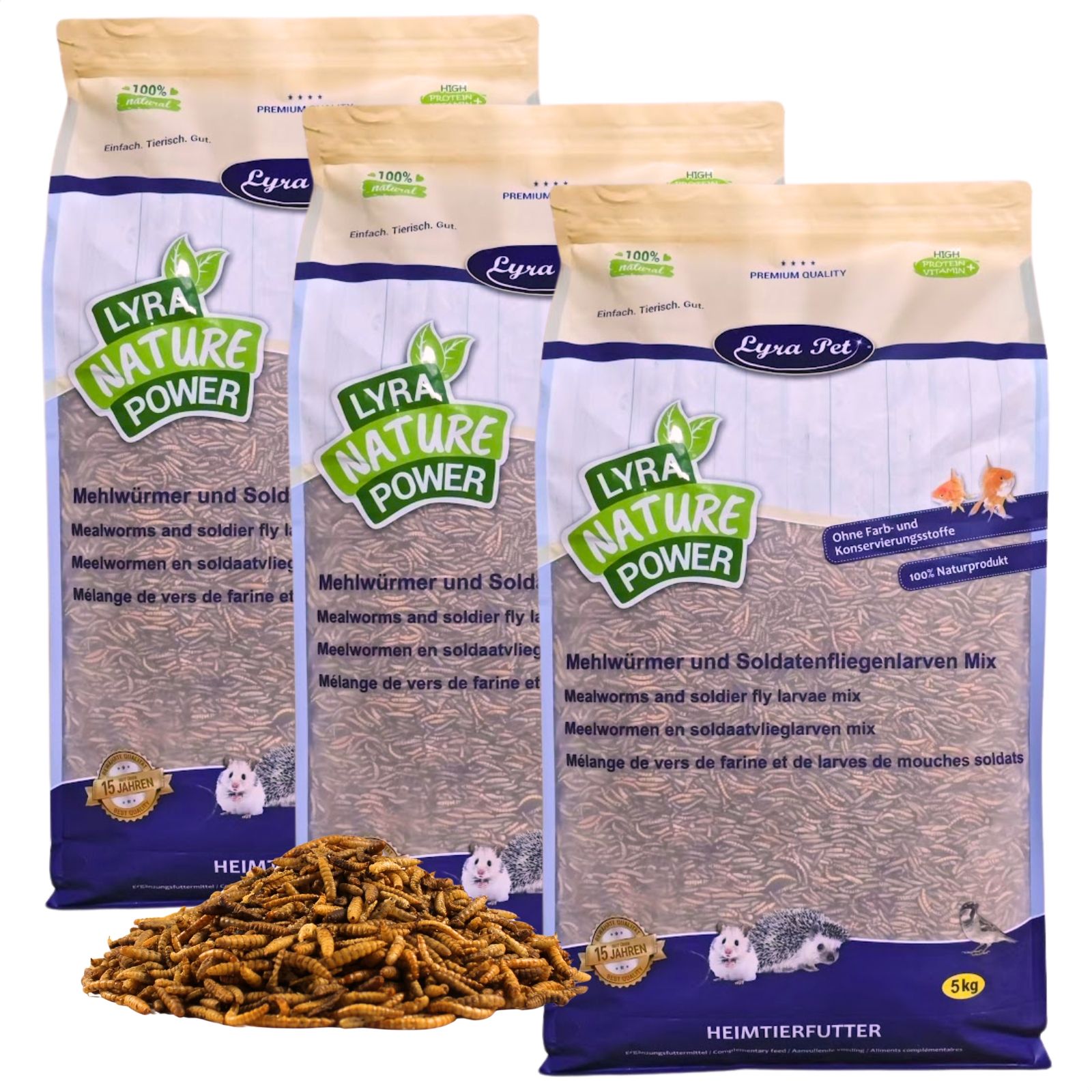 Drei Säcke Tierfutter "Lyra Nature Power" mit Mehlwürmern und Soldatenfliegenlarven-Mix.