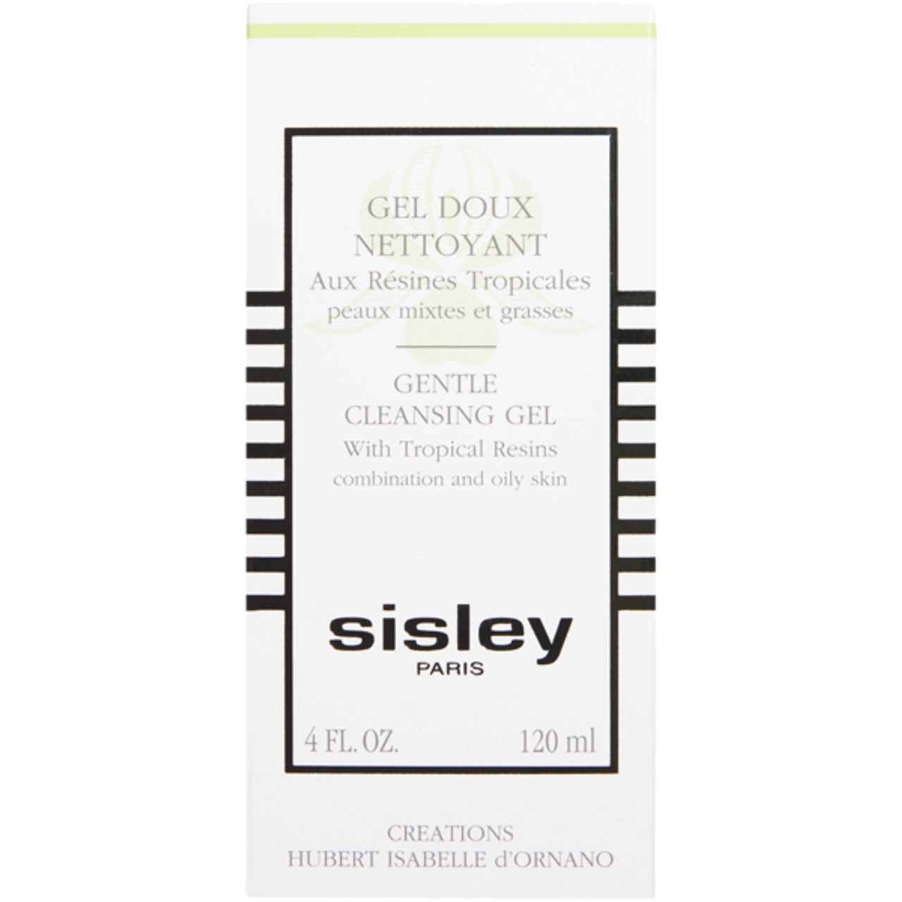 Weiße Verpackung von Sisley Gel Doux Nettoyant. Schwarze und weiße Streifen. Produktname und Text in Schwarz.