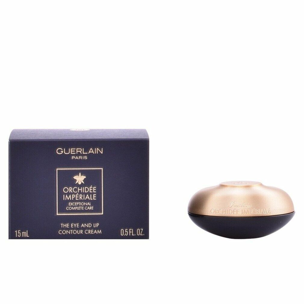 Dunkelblaue Schachtel und Cremebehälter. Auf der Schachtel: Guerlain, Orchidée Impériale, 15 ml, 0.5 fl. oz. Cremebehälter: Gold und Schwarz.