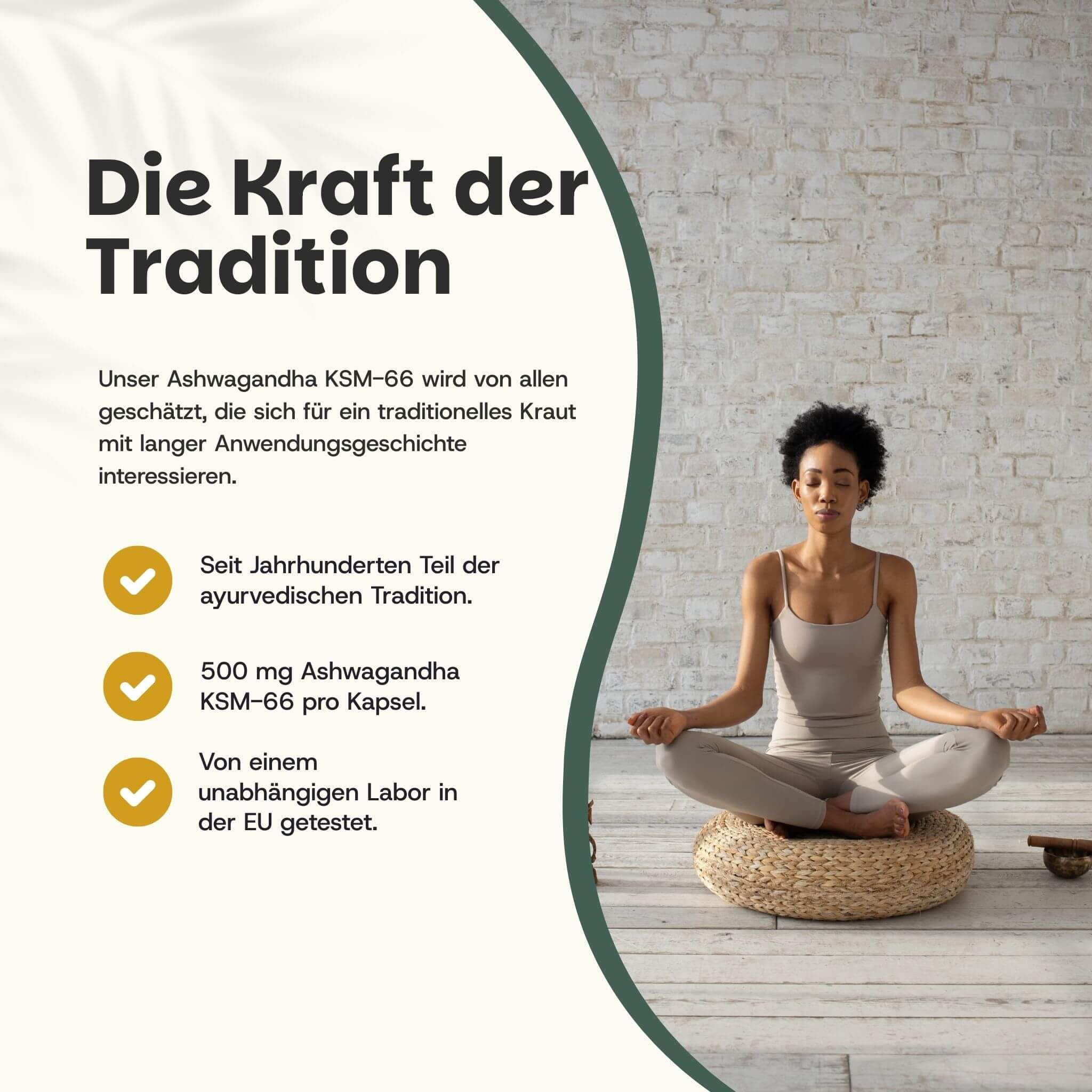 Kapsel mit Ashwagandha-Pulver. Text: 100% natürlich, keine Füllstoffe, vegane Kapsel, Bio.