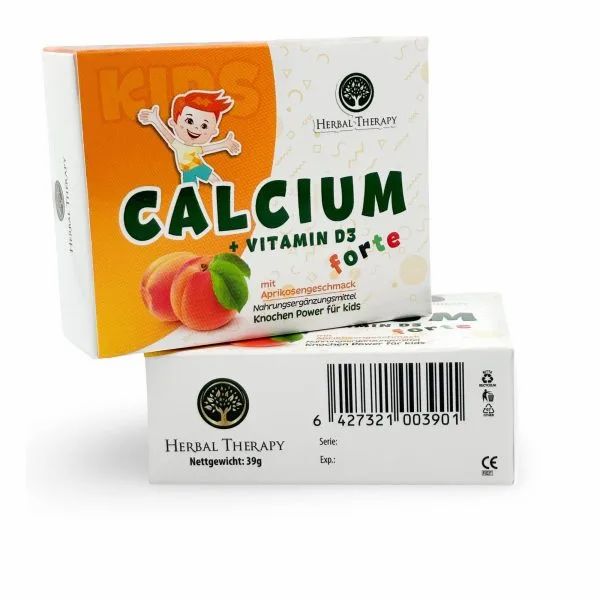 Zwei Produktverpackungen. Aufschrift CALCIUM + VITAMIN D3 forte, Aprikosengeschmack. Marke Herbal Therapy. CE-Kennzeichnung.