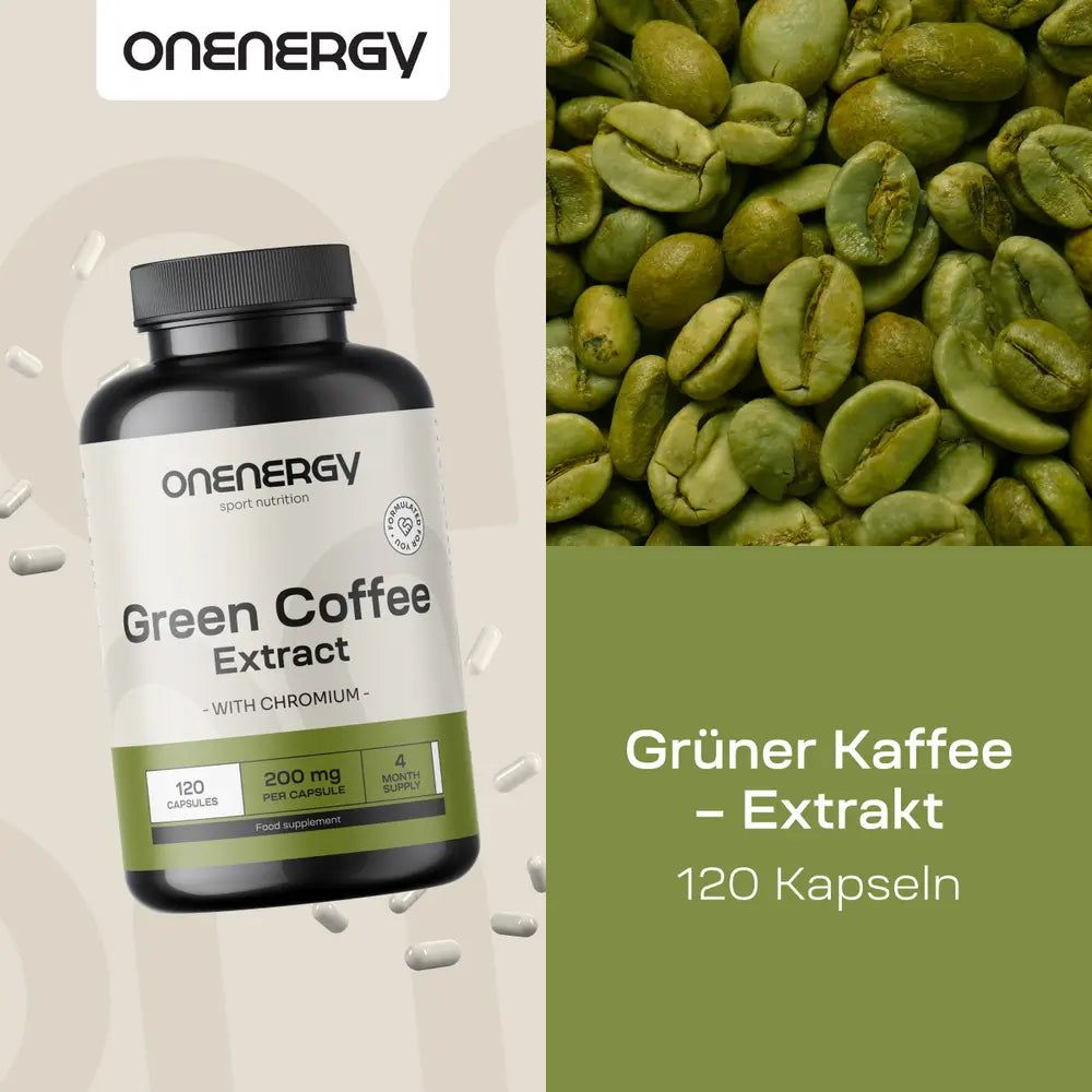 Flasche mit 120 Kapseln OnEnergy Grüner Kaffee Extrakt mit Chrom.
