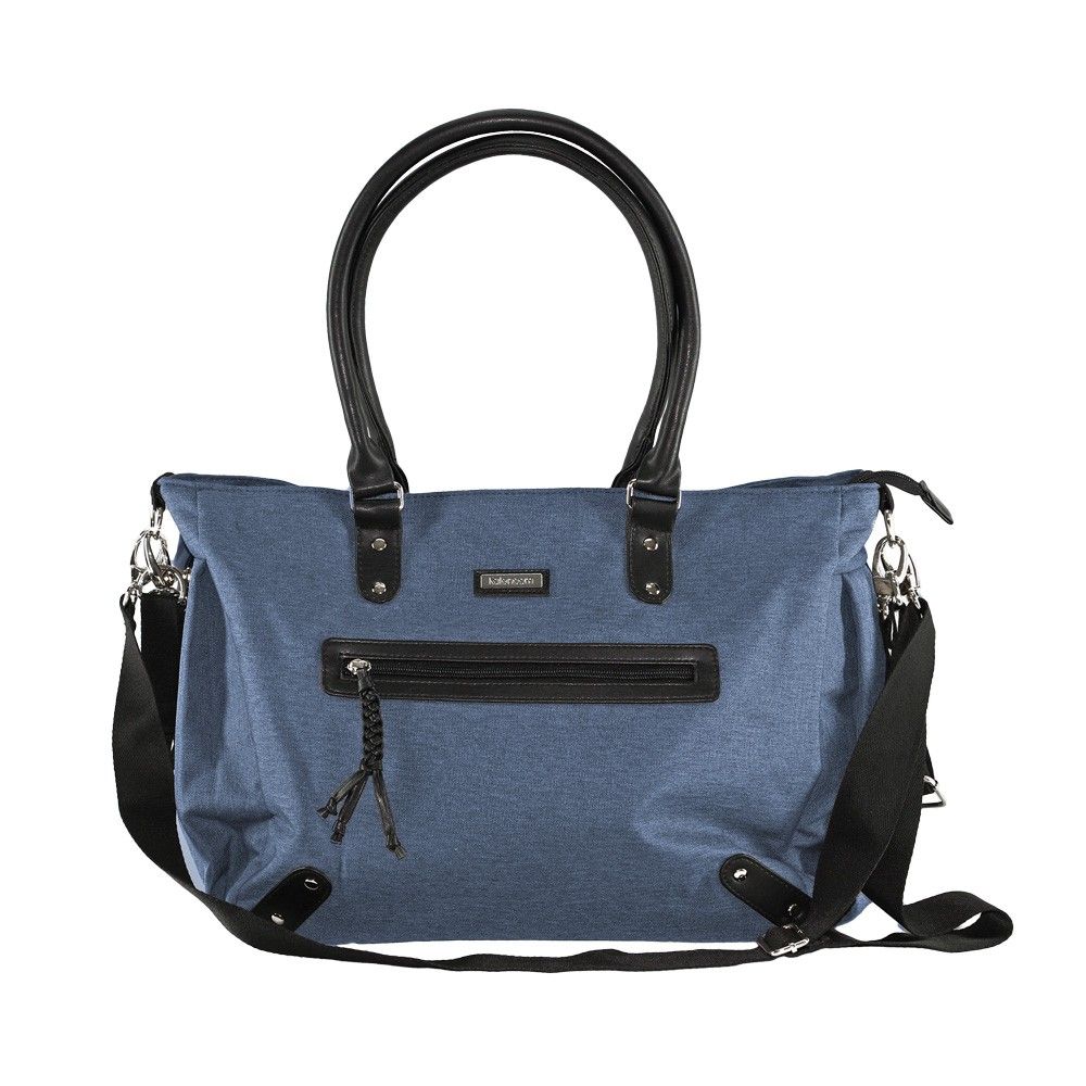 Blaue Wickeltasche mit schwarzen Griffen und Schulterriemen. Reißverschlusstasche, silberne Details.