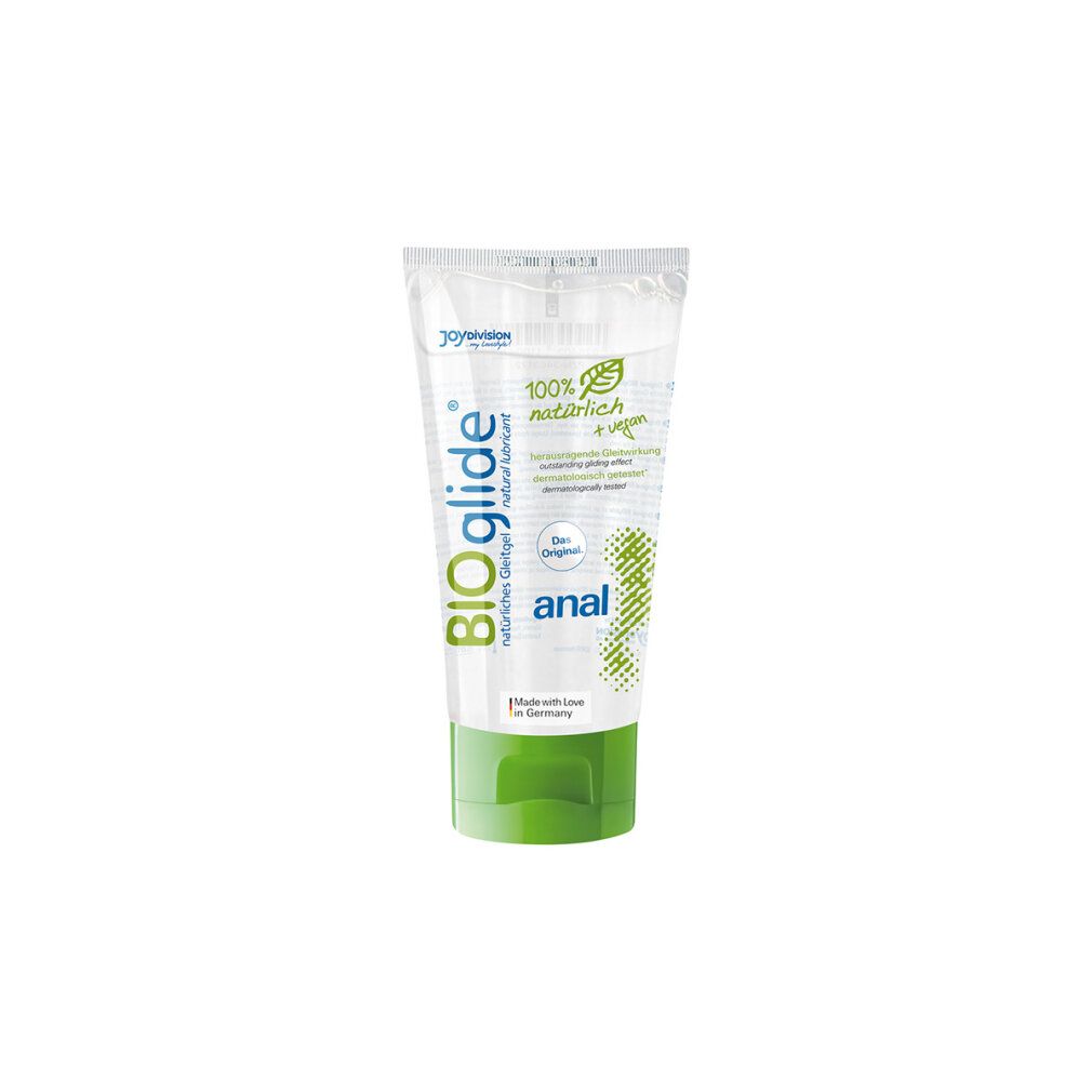 Tube mit transparentem Gel und grünem Verschluss. Aufschrift: BIOglide, anal. 100% natürlich + vegan.