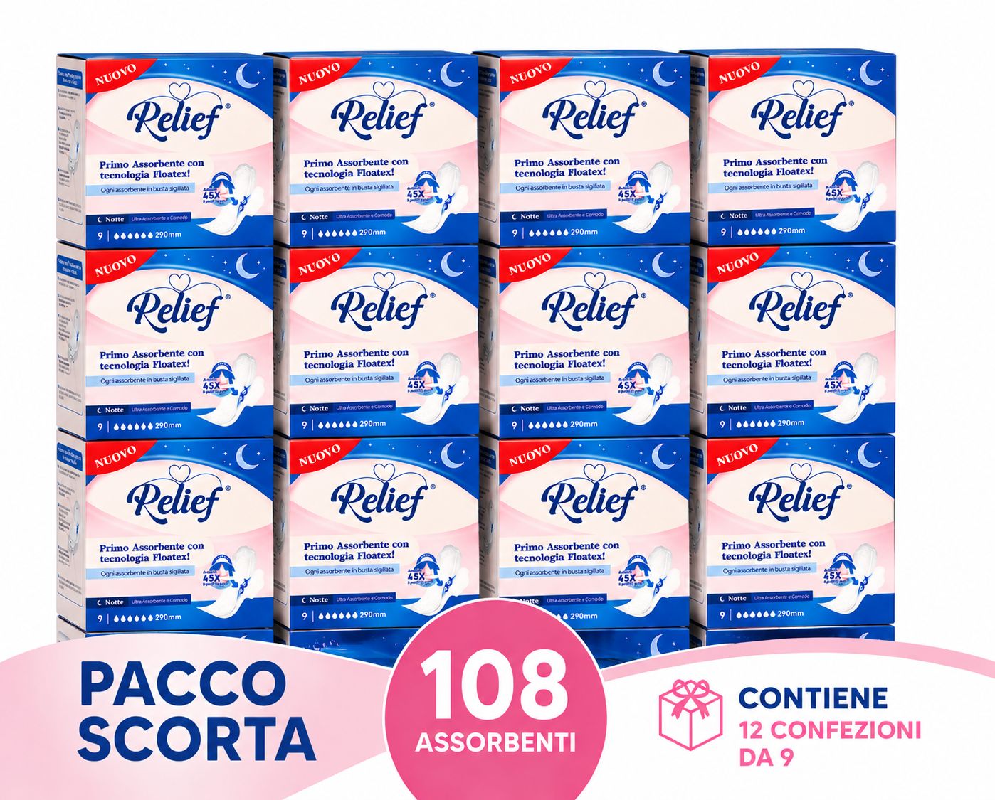 Relief Assorbenti Notte con Ali – Maxi Pacco Scorta