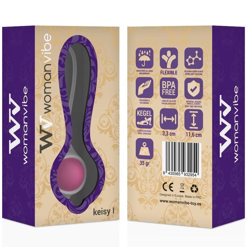 Verpackung mit Produktansicht. Lila-weiße Box mit Produktfenster. Aufschrift: Womanvibe, keisy I. Rückseite mit Symbolen und Maßen: 3,3 cm x 11,6 cm, 35 g.