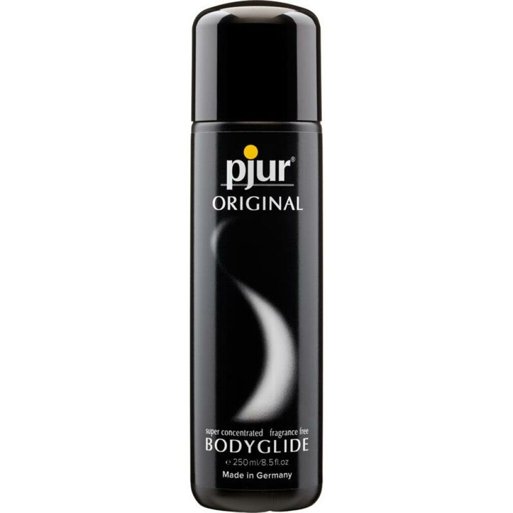 Schwarze Flasche mit gelbem Etikett. Aufschrift: pjur ORIGINAL, BODYGLIDE, super concentrated no fragrance, 250ml/8.5 fl.oz. Made in Germany.