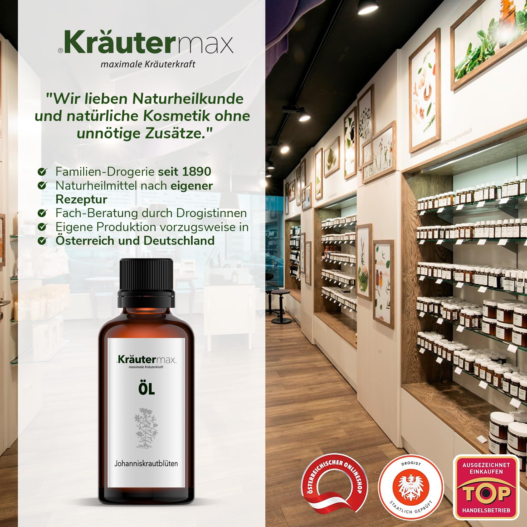 Braune Glasflasche mit schwarzem Deckel. Etikett mit Logo und Text. Drogerie-Interieur. Auszeichnungen.