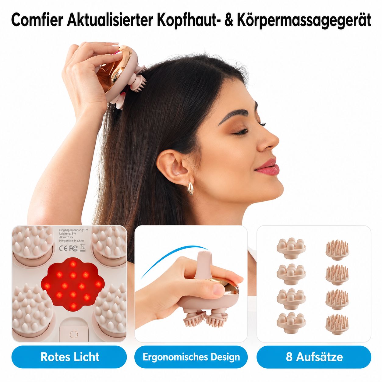 Kopfhaut- und Körpermassagegerät mit roten Lichtern und 8 Aufsätzen.