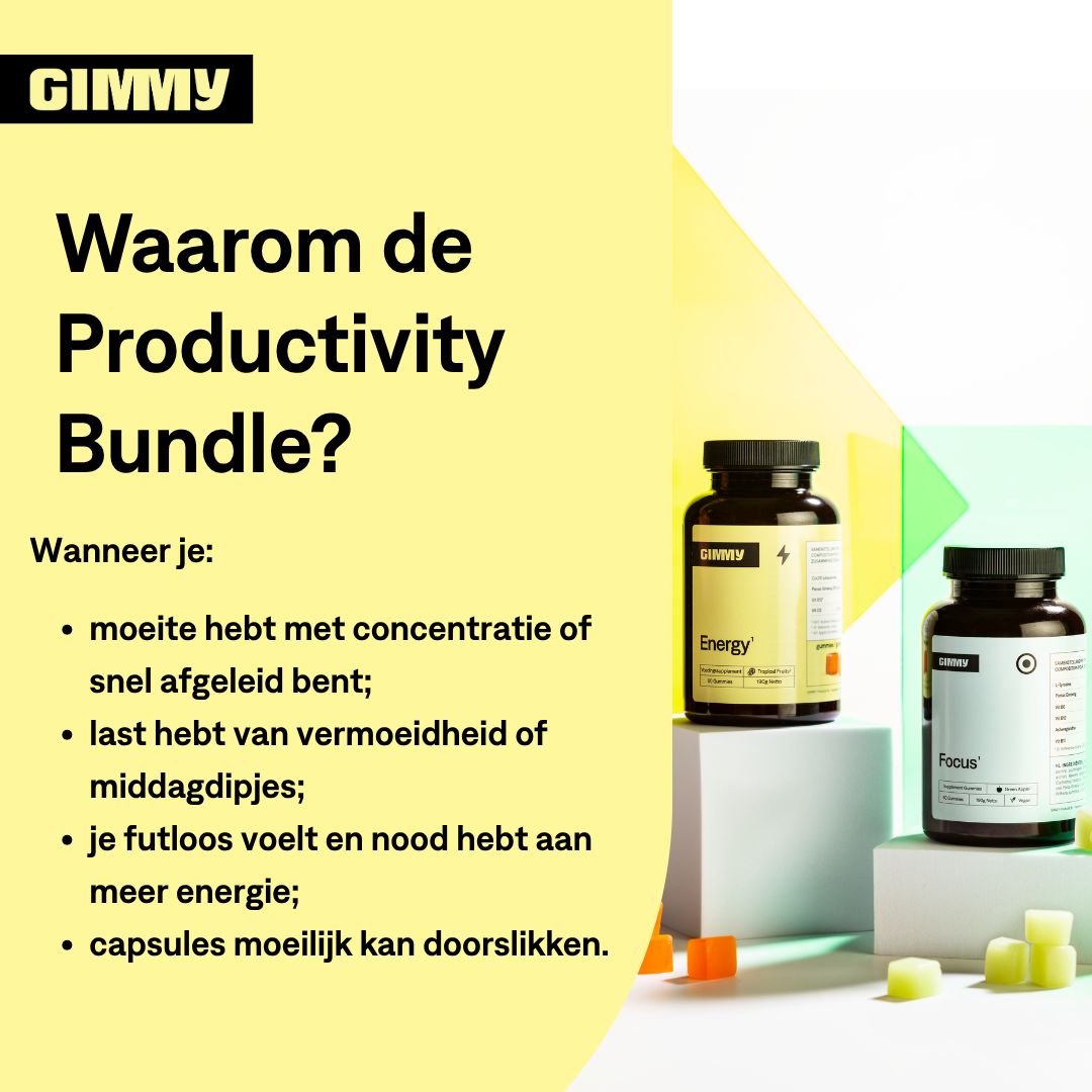 Zwei Flaschen mit schwarzen Deckeln. Eine mit gelbem Etikett, "Energy", die andere mit weißem Etikett, "Focus". Text: "Waarom de Productivity Bundle?"