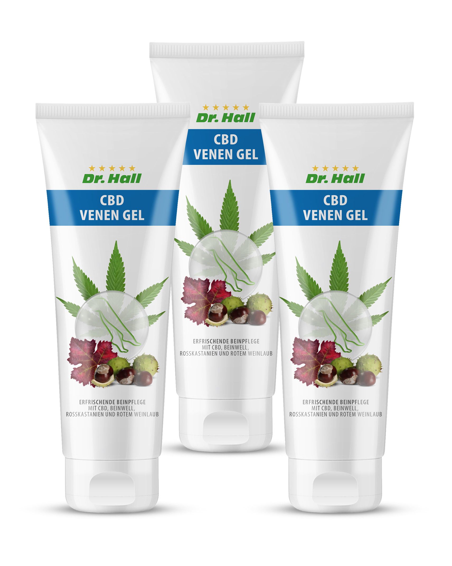 Mehrere Tuben Dr. Hall CBD Venen Gel. Weiße Tuben mit blauem Streifen, Produktnamen und Illustrationen von Blättern und Kastanien.