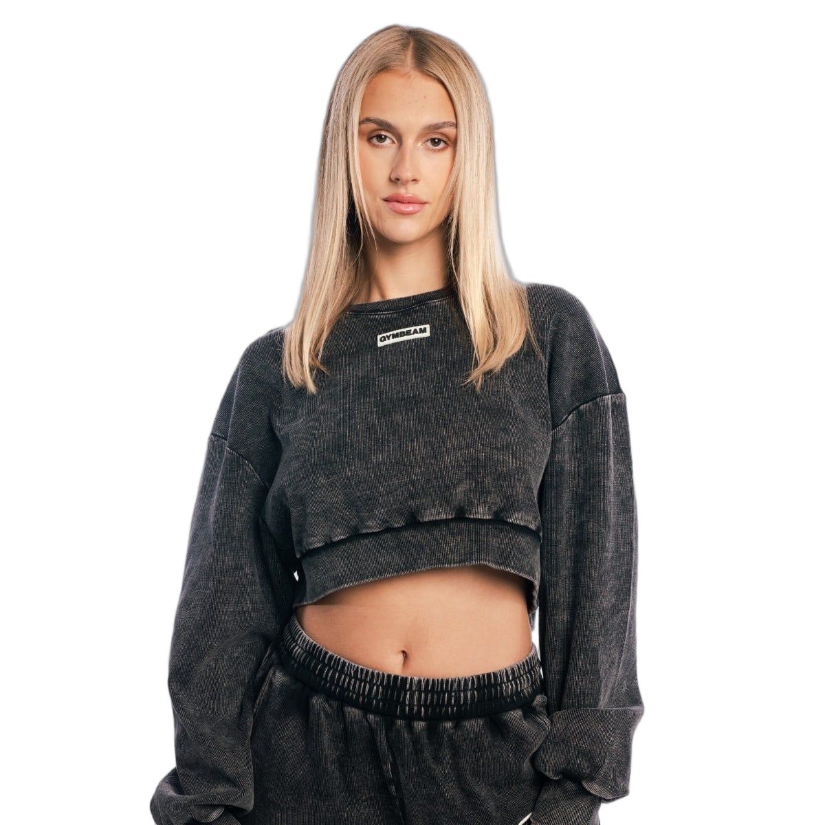 GymBeam Sweatshirt Damen Cropped Oversized ohne Kapuze Washed Black 1 St