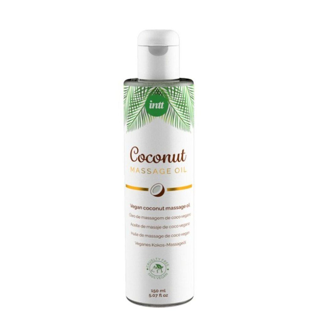 Flasche mit Massageöl. Aufschrift: Coconut Massage Oil. Grün-weiße Verpackung mit Kokosnuss-Illustration. Vegan.