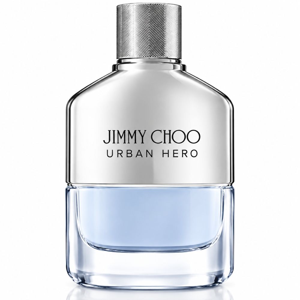 Jimmy Choo Urban Hero Eau de Parfum Flakon, silberner Verschluss.