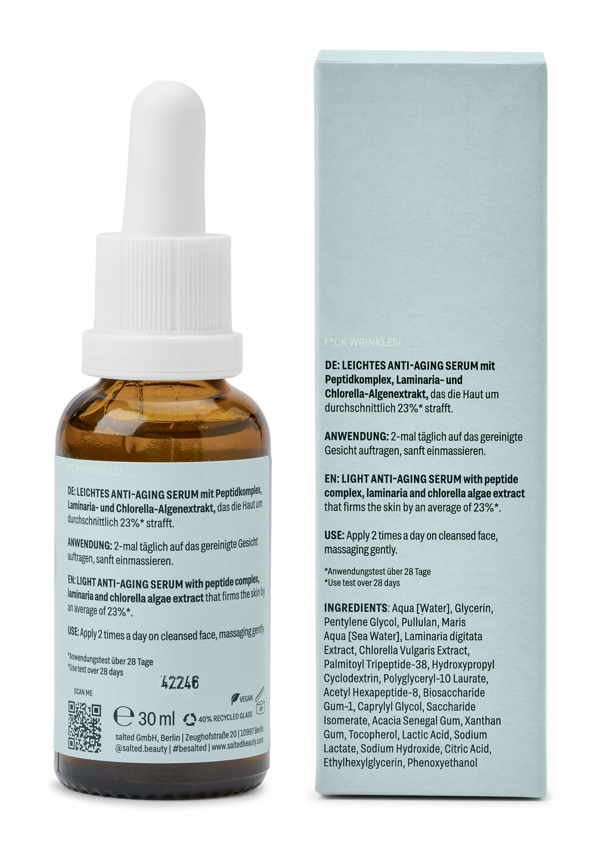 Rückseite einer Glasflasche mit Pipette und Faltschachtel, die Inhaltsstoffe und Anwendung zeigt.