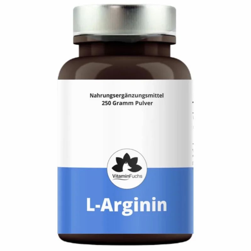 Braune Flasche mit weißem Etikett. L-Arginin Hcl Pulver, VitaminFuchs Logo. Deckel silberfarben.
