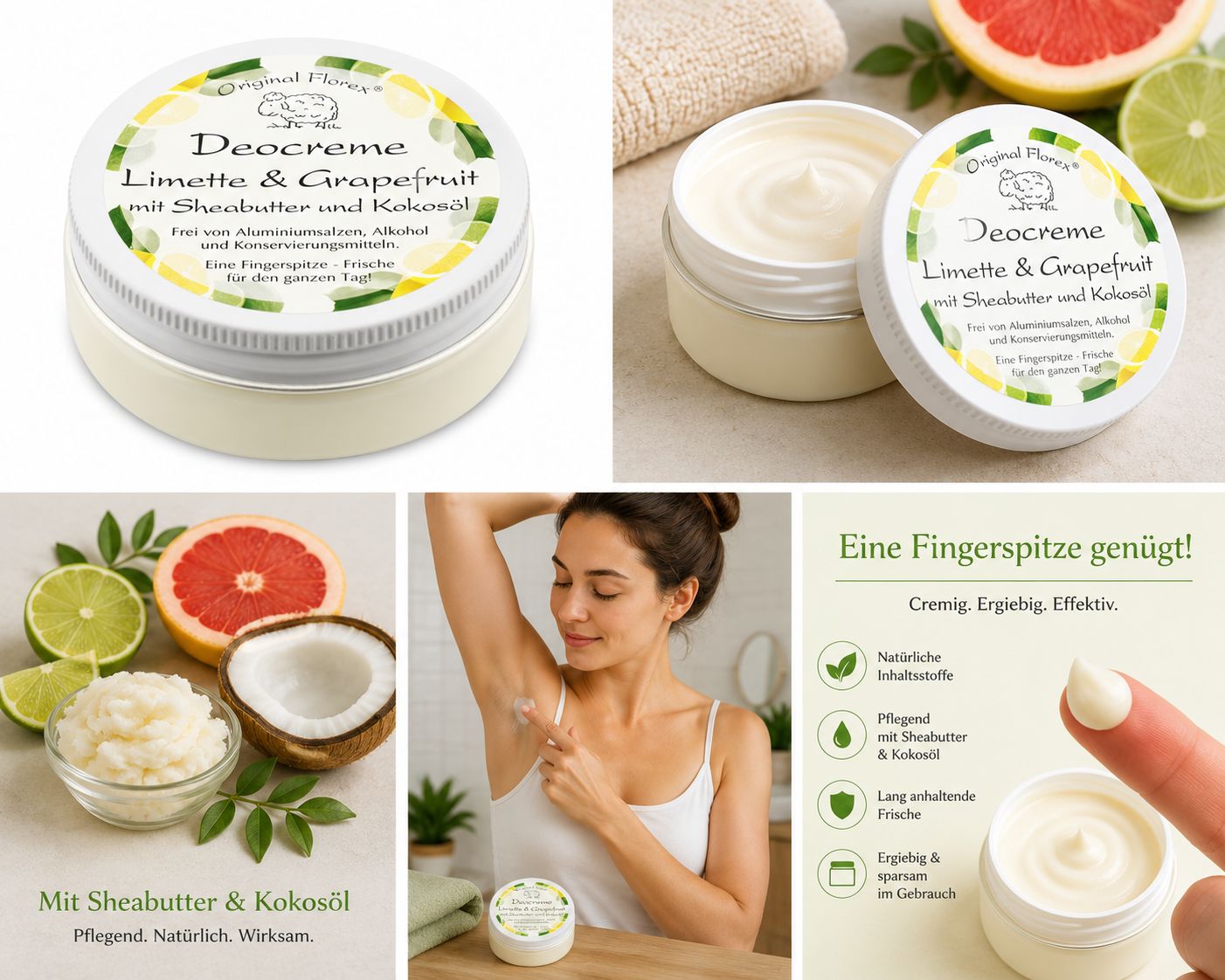Florex Deocreme Limette & Grapefruit: Dose, Anwendung, Inhaltsstoffe (Sheabutter, Kokosöl) und Früchte.