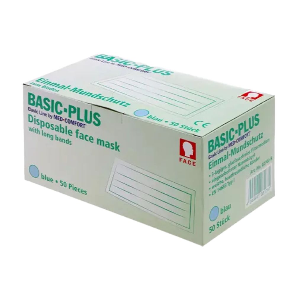 Verpackung von BASIC-PLUS Mundschutz. Blaue Einweg-Gesichtsmasken mit langen Bändern. 50 Stück pro Packung. CE-Kennzeichnung.