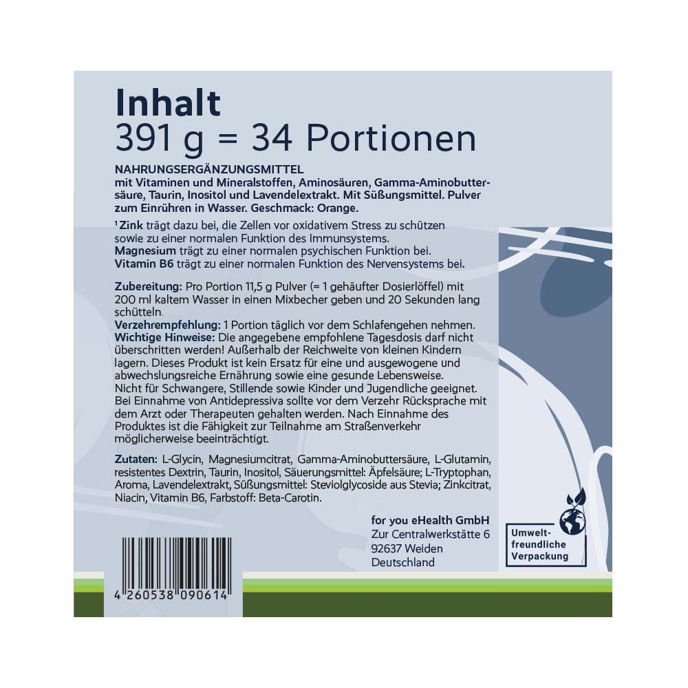 Rückseite der Dose "for you amino night". Enthält Informationen zu Inhaltsstoffen, Nährwertangaben, Zubereitung, Verzehrempfehlung und Warnhinweisen. Geschmack: Orange.