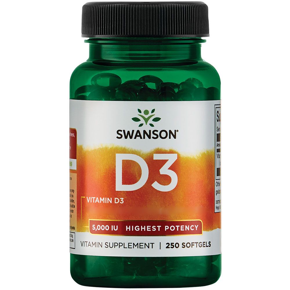 Grüne Flasche mit Swanson Vitamin D3 Softgels. Aufschrift: D3, 5.000 IU, Vitamin Supplement, 250 Softgels.