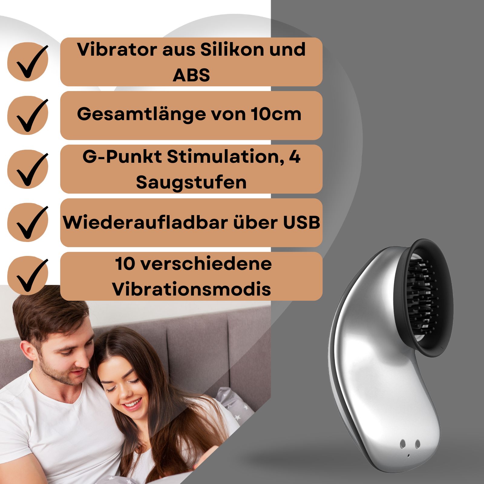 Vibrator mit Text: Vibrator aus Silikon und ABS, Gesamtlänge von 10cm, G-Punkt Stimulation, 4 Saugstufen, wiederaufladbar über USB, 10 Vibrationsmodi.