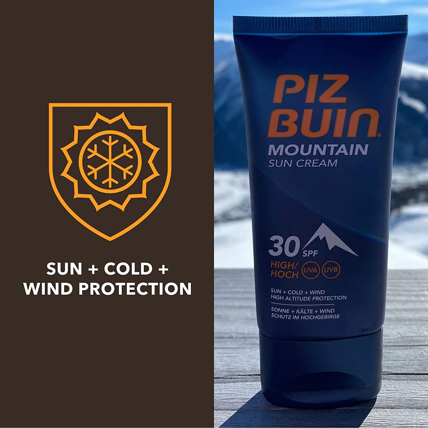 Blaue Tube Piz Buin Mountain Sonnencreme, LSF 30. Text: Sonne, Kälte, Windschutz. Hintergrund: Schnee.