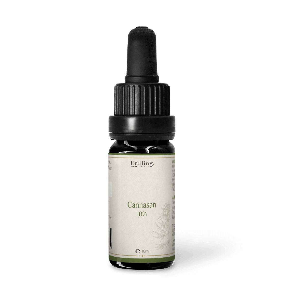 Braune Glasflasche mit schwarzem Verschluss und Pipette. Aufschrift: Erdling, Cannasan 10%.