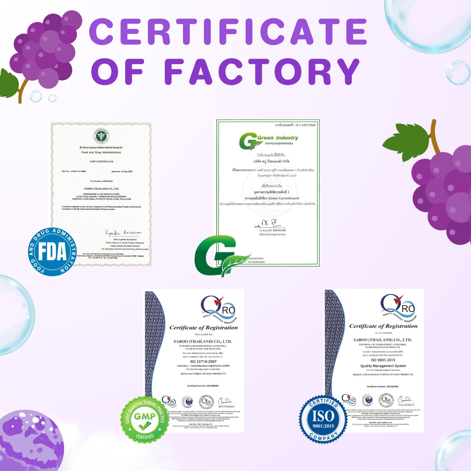 Zertifikate von Fabriken. FDA, G-Zeichen, QRO-Zertifikate, ISO-Zertifikat. Text in Deutsch.
