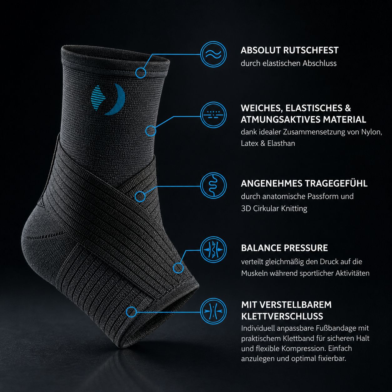 Schwarze Sprunggelenkbandage mit blauen Markierungen. Text: Rutschfest, atmungsaktiv, angenehmes Tragegefühl, Balance, Klettverschluss.