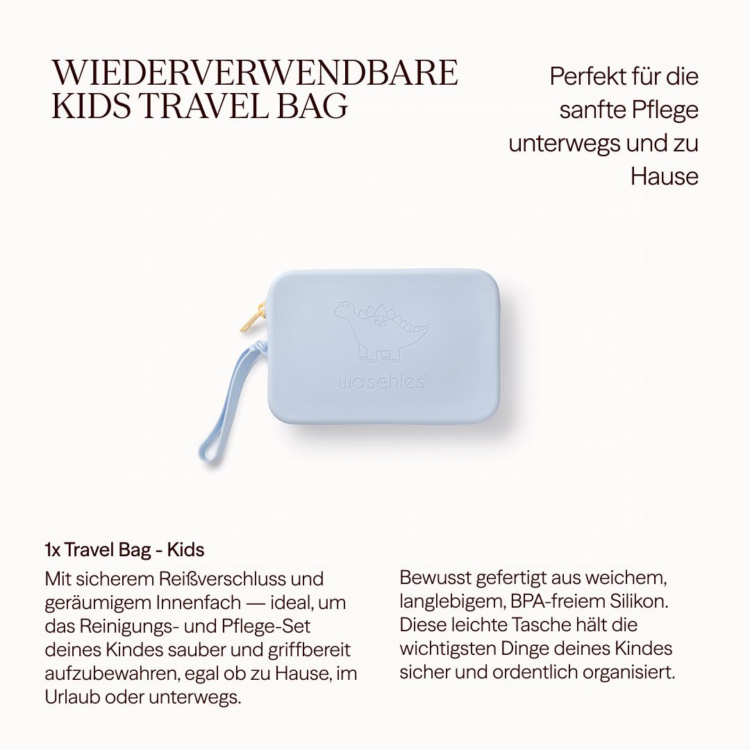 Hellblaue Travel Bag mit Reißverschluss. Text: Wiederverwendbare Kids Travel Bag, 1x Travel Bag - Kids, BPA-freies Silikon.