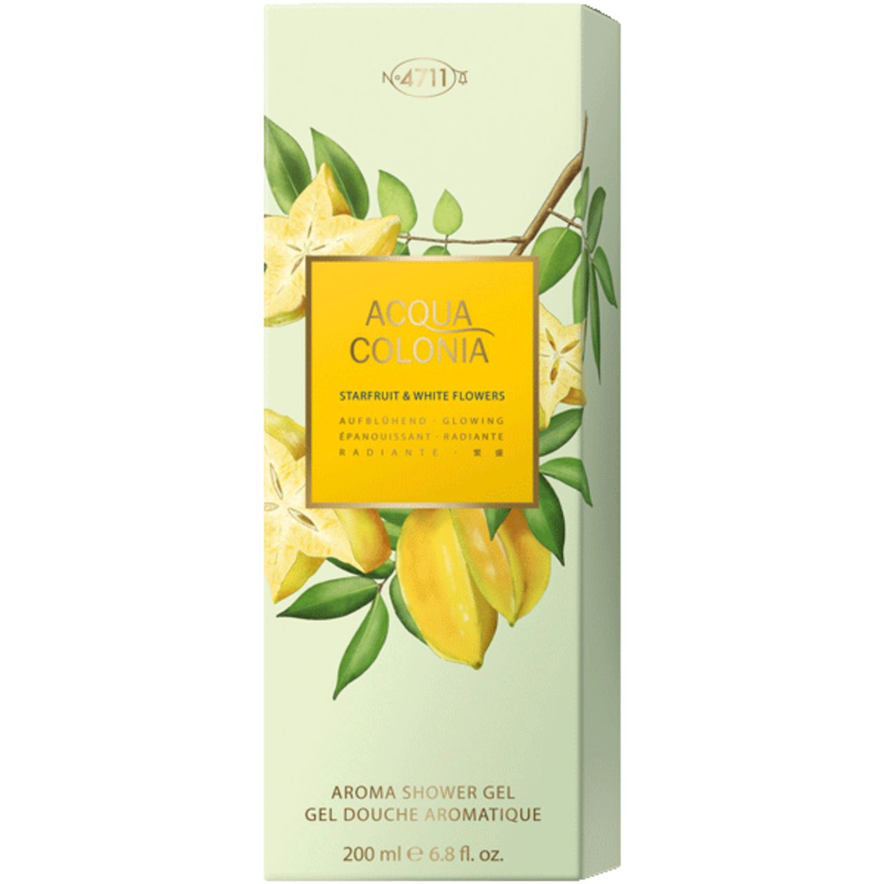 Hohe, grüne Schachtel mit Starfruit-Illustration. Aufschrift: Acqua Colonia, Starfruit & White Flowers. Aroma Shower Gel.