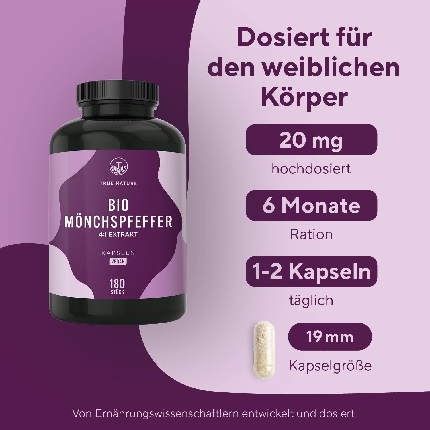 Flasche Bio Mönchspfeffer Kapseln, 20 mg, 6 Monate Ration, 1-2 Kapseln täglich.