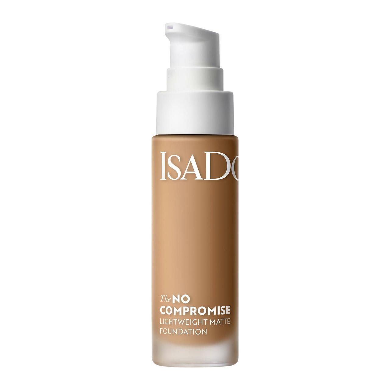 Flakon IsaDora No Compromise Matte Foundation. Weißer Pumpkopf, transparente Flasche mit beiger Foundation. Schriftzug IsaDora und Produktname.