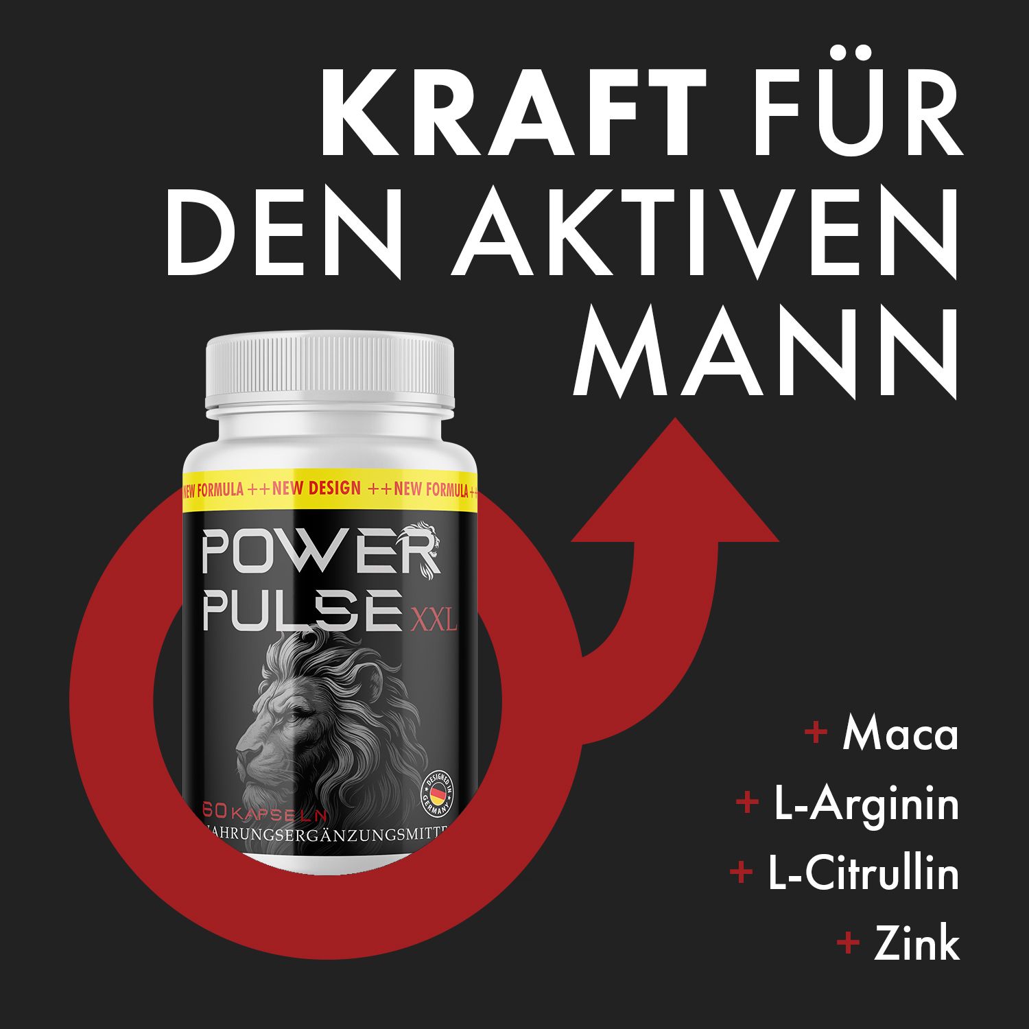 Flasche POWER PULSE XXL vor schwarzem Hintergrund. Roter Pfeil mit Inhaltsstoffen: Maca, L-Arginin, L-Citrullin, Zink. Text: Kraft für den aktiven Mann.