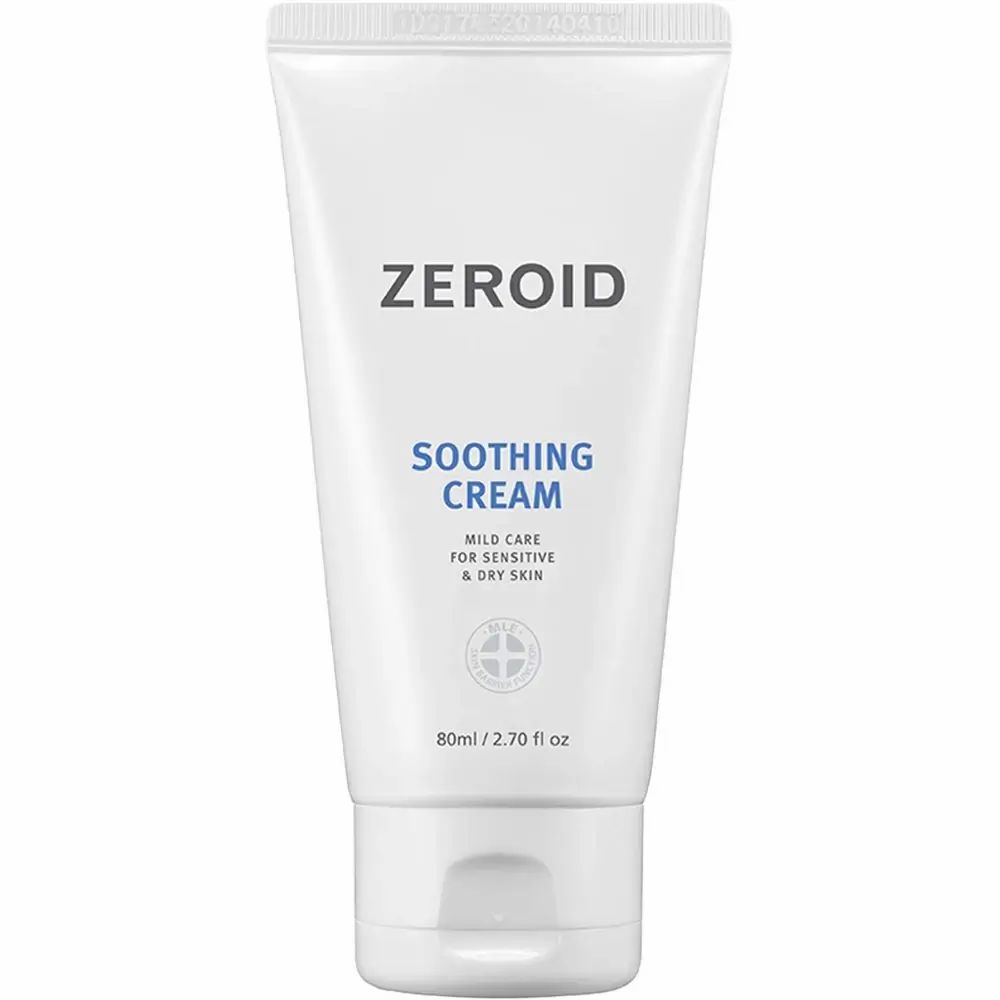 Weiße Tube mit blauer Aufschrift ZEROID Soothing Cream. 80ml/2.70 fl oz. Für empfindliche Haut.