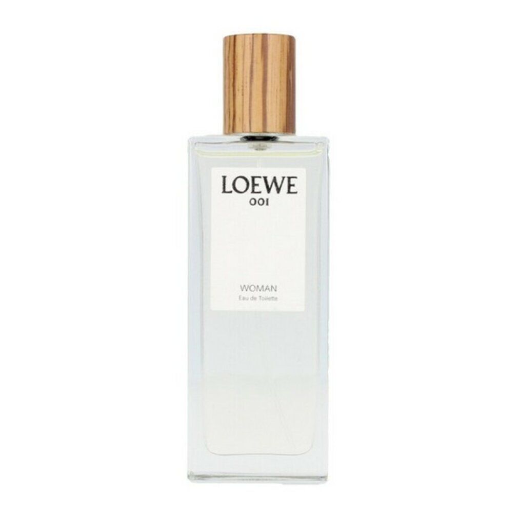 Rechteckiger Flakon mit Holzdeckel. Aufschrift: LOEWE 001 WOMAN Eau de Toilette.