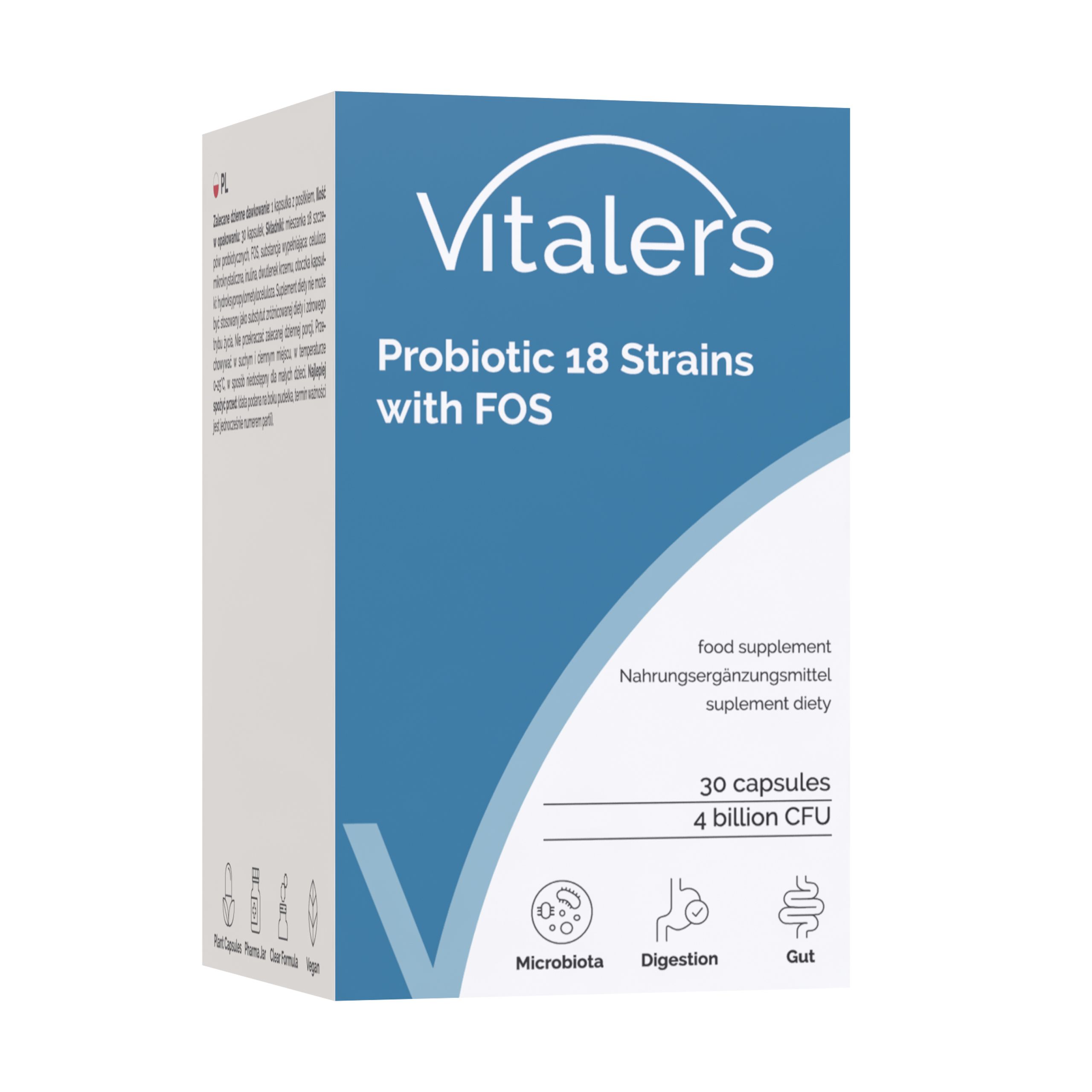 Vitaler’s Probiotikum 18 Stämme mit FOS: Seitenansicht der Kartonverpackung.