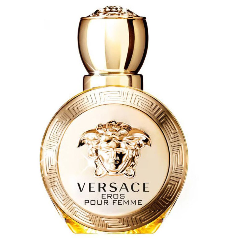 Goldene Flasche mit Versace-Logo und Schriftzug „Eros Pour Femme“. Rundes Design mit goldenem Deckel.